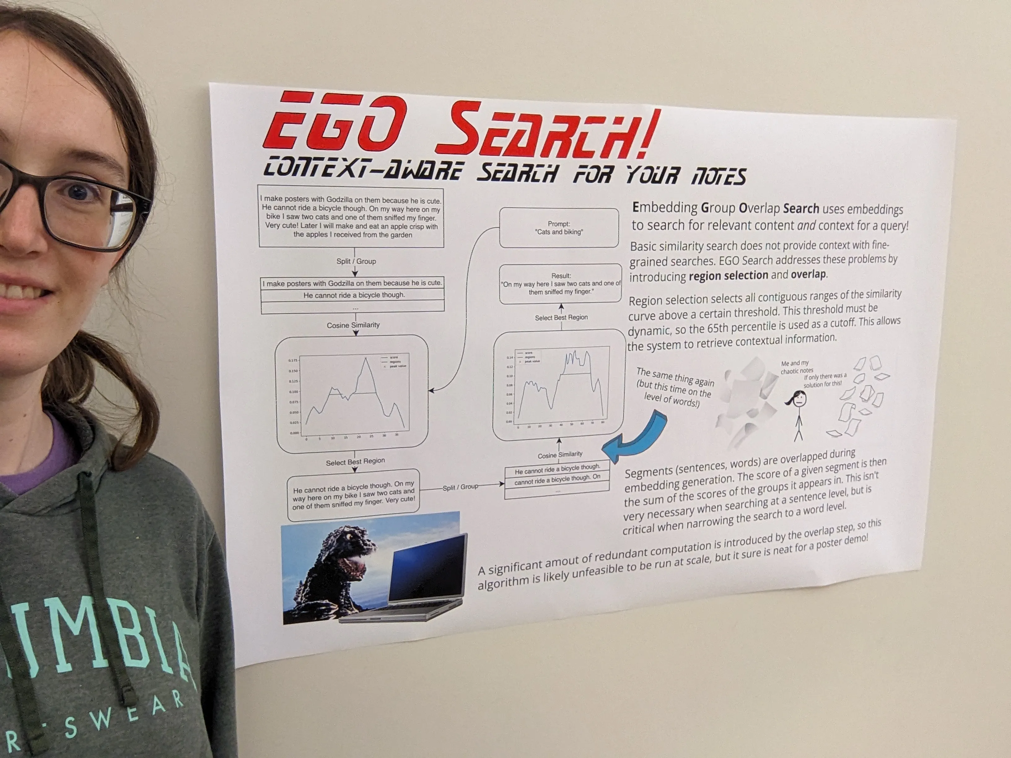 The author stands in front of her poster, appearing a bit nervous.