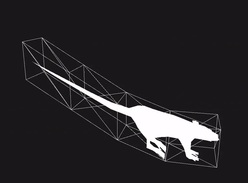 A low-poly rat model in a cage of quads which is deformed to follow a sine wave.